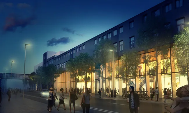 På sikt er planen å åpne fasaden på Amfi Vågen ut mot Elvegata. Det skal også være en passasje gjennom Amfi Vågen fra Elvegata til parken på Ruten. Foto: Alliance Arkitekter amfivaagen