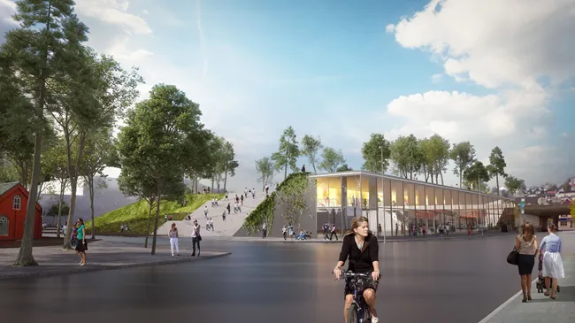Et parklandskap skal skjule et parkeringsanlegg med næringsarealer og butikker ut mot Tinghuset. Foto: Alliance Arkitekter